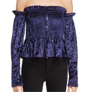 Petersyn Smoked Off-the-Shoulder Velvet Peplum Top - Nav
